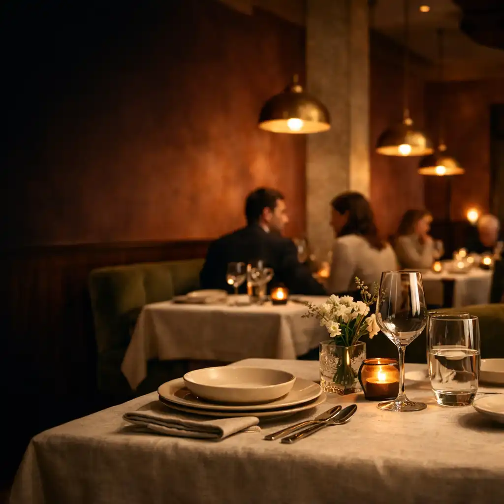 Meleg fényű, esti HungaryBistro éttermi tér terített asztalokkal
