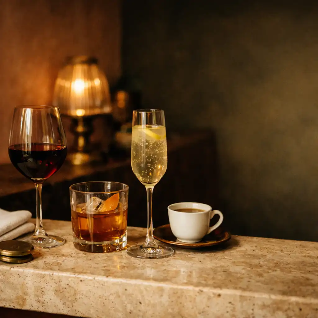 Bor, borostyánszínű koktél és alkoholmentes frissítő travertin pulton