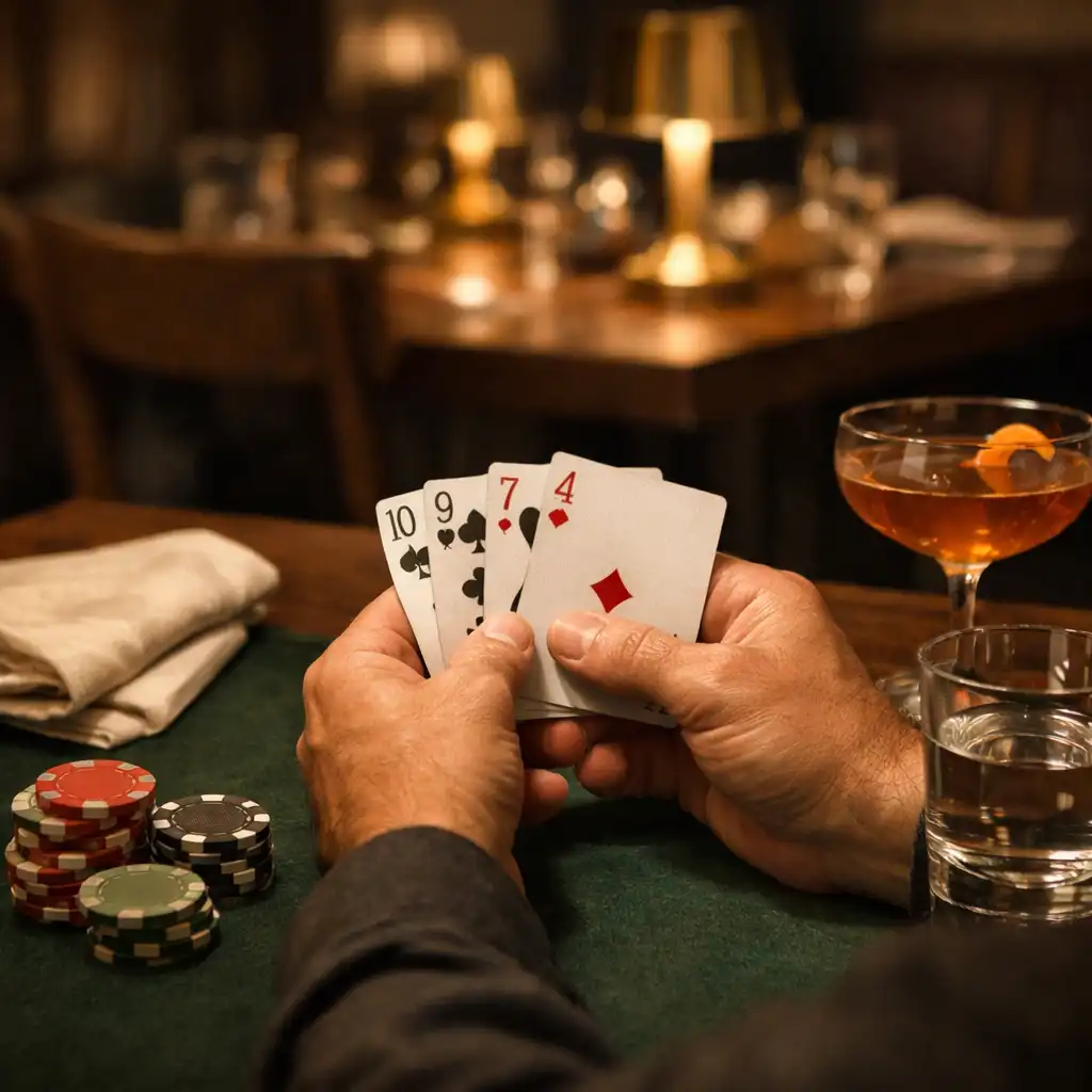 Felnőtt vendégek kezei kártyákkal egy éttermi asztalon, pohár és lenvászon mellett